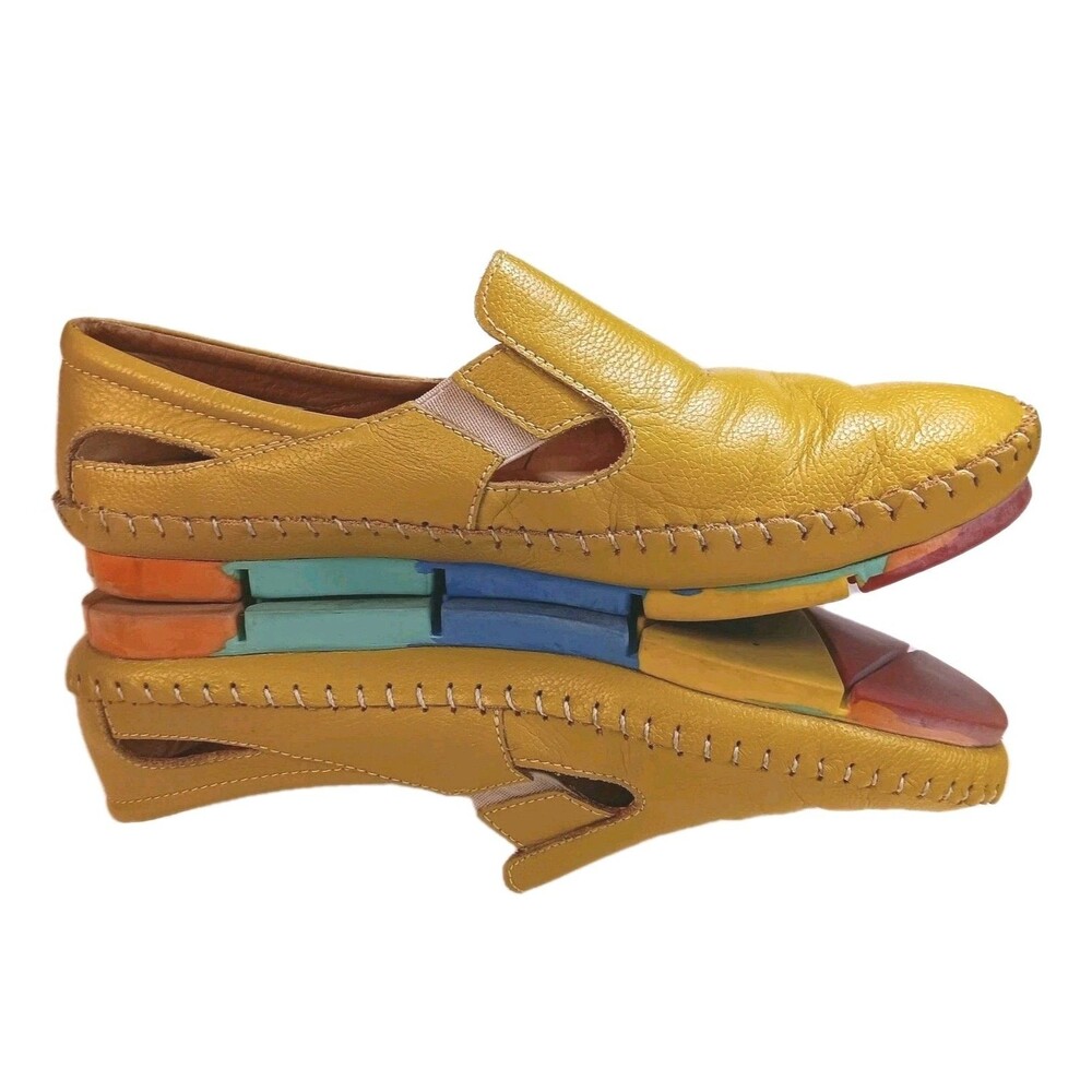 Germán Patiño Unique LEATHER Mustard BALLET DRIVERS Colorful Sole STRETCH Sz 7.5